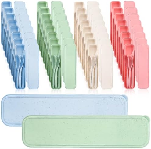 32 Sets Reusable Travel Utensils Set with Case, Wheat Straw Cutlery Portable Spoon Knife Fork Lunch Box Accessories Eco-Friendly Tableware for Adult Camping Picnic Utensils (4 Colors) by Unknown