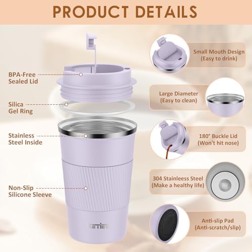 KETIEE Travel Mug 12oz: Insulated Coffee Mug with Leakproof Lid, Travel Coffee Mug Vacuum Stainless Steel Double Walled Reusable Coffee Cup for Hot and Iced Coffee Tea Water (Purple) - Image 3
