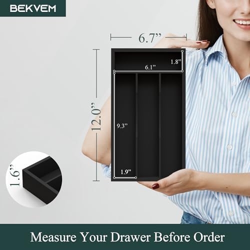 Small Silverware Organizer, Bamboo Kitchen Drawer Organizer, Utensil Holder, Cutlery Tray & Spoon Flatware Storage with Grooved Drawer Dividers (Black, 6.7''W x 12''D) - Image 2