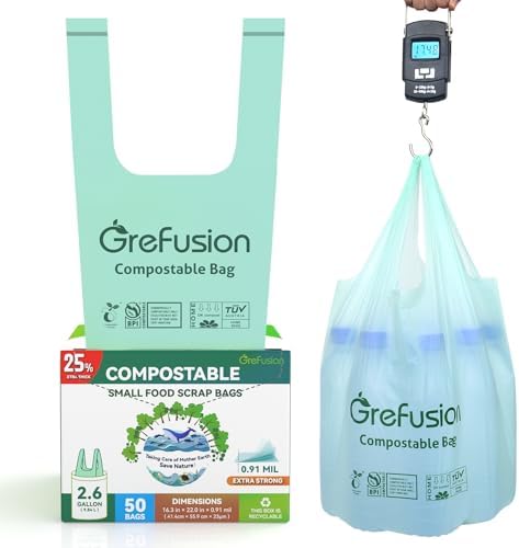 Compostable Trash Bags with handle-tie,Garbage Bags, 2.6 Gallon,Food Waste Bags,Small trash bags for compost bin kitchen,Certified by BPI and OK Compost (2.6G-50count) by GreFusion