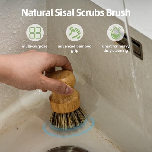 5-Pieces Bamboo Dish Brush Set with Palm Brush, Wooden Handle Dish Scrub Brush, Bottle Scrubber, 2 Loofah Sponge for Dishes, Pans, Bottles, Pots, Vegetables - Image 4