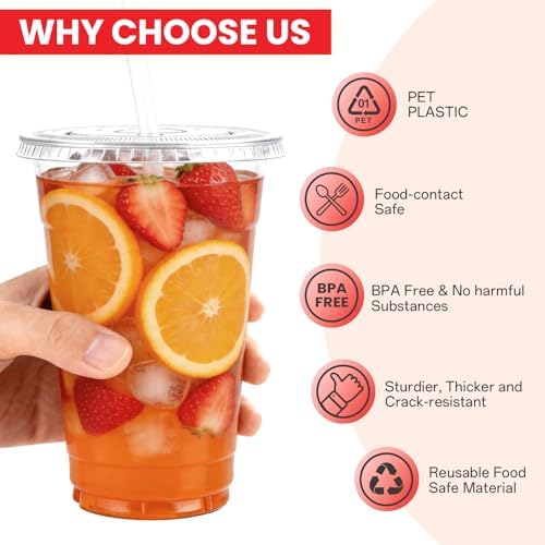 100 Pack 24 oz Plastic Cups with Lids and Straws, Clear Disposable Plastic Cups, Heavy Duty Iced Coffee Cups with Leak-Resistant Lids, Cold Drink Cups for Smoothies, Juice, Soda & Party To Go - Image 3
