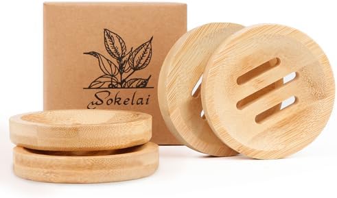 Bamboo Soap Dish for Bar Soap in Shower 4PCS, Wooden Round Holders Self-Draining Tray for Shampoo Conditioner Bars Holder, Travel Soap Saver Case for Bathroom, Kitchen Sink, Bath Tub, Razor Sponges by wokelai