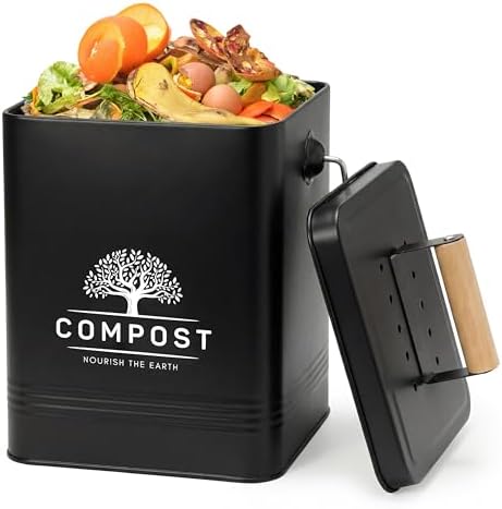 PERFNIQUE Kitchen Compost Bin, 1.7 Gallon Countertop Compost Bin with Lid, Indoor Compost Bin Includes 2 Carbon Filters, Small Compost Bucket, Food Waste Bin for Kitchen with Trash Bags (Matte Black) by PERFNIQUE