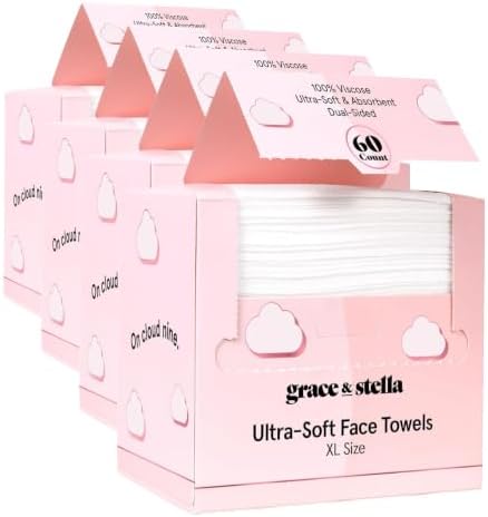 grace & stella Face Towels Disposable - Travel Essentials (60 Count) (Pack of 4) Ultra-Soft & Absorbent Face Wipes Towelettes, Facial Towels for Cleansing & Makeup Removal - Face Cleansing Foaming Net by GraceStella