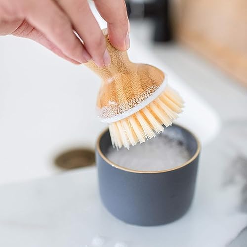 Full Circle, Bubble Up Bamboo Dish Brush, Comfortable Palm Scrubber for Kitchen Dishwashing, White, 1 Count & Tenacious C Cast Iron Brush and Scraper with Bamboo Handle - Image 3