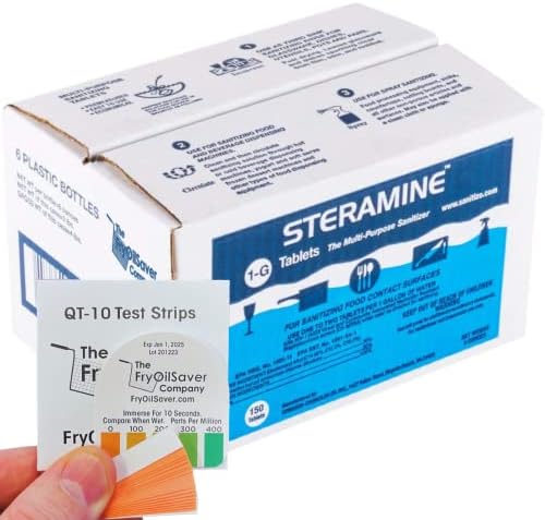 6 Bottles Steramine Sanitizer Tablets w/15x QT-10 Test Strip - Multi Purpose Sanitizing Tablets for Food Contact Surface, Kitchen, Restaurant, Diner & Commercial Use by FryOilSaver (900 Count) by THEFRYOILSAVERCOMPANY