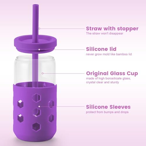 Mrsdry 16 oz Glass Cups with Lids and Straws for Gift, 4-Pack, Purple - Image 3