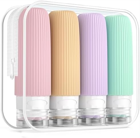 Mrsdry Travel Bottles for Toiletries, Tsa Approved 3oz Portable Travel Bottles, BPA Free Leak Proof Squeezable Silicone Travel Size Containers, Travel Accessories with Clear Toiletry Bag (4 Pack) by Mrsdry