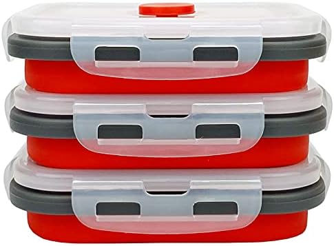 CCyanzi 3piece Collapsible Food Storage Containers with Lids, Silicone Lunch Container, Microwave & Freezer Safe, Space Saving for Kitchen Cabinet and Camping Backpack,(red gray) by CCyanzi