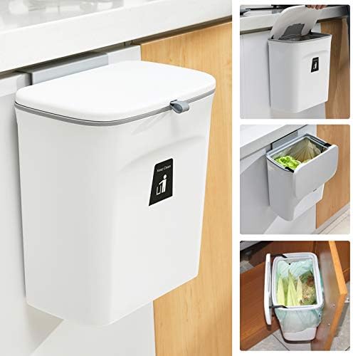 Tiyafuro 2.4 Gallon Kitchen Compost Bin for Counter Top or Under Sink, Hanging Small Trash Can with Lid for Cupboard/Bathroom/Bedroom/Office/Camping, Mountable Indoor Compost Bucket, White by Tiyafuro