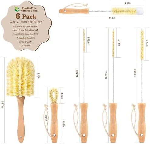 Bottle Brush Set - 6 Pack Sisal Bristle Natural Bottle Brush, All in One Bottle and Straw Brush Cleaning Set for Water Bottles, Glasses, Cups and Lid - Image 2