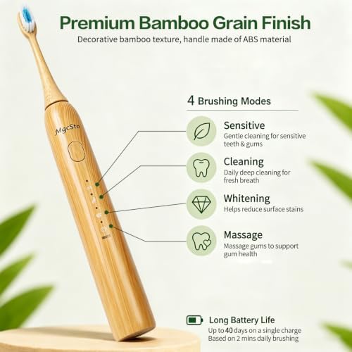 Sonic Electric Bamboo Toothbrush 2 Bamboo Heads with Castor Oil Bristles - Image 2
