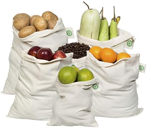 Reusable Produce Bags Cotton Washable - Organic Cotton Vegetable Bags - Cloth Bag with Drawstring - Muslin Fabric Produce Bags - Bread Bag - Set of 6 (2 Large, 2 Medium, 2 Small) by OrganicCottonMart