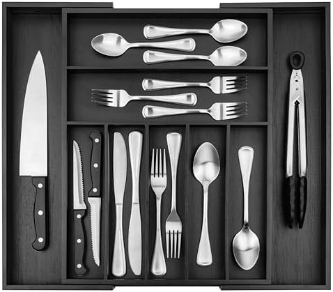 Purawood Bamboo Drawer Organizer - Expandable Silverware Organizer & Utensil Organizer, Cutlery Tray with Dividers, 7-9 Slots - Premium Kitchen Drawer Organizer for Utensils & Flatware (Black) by PURAWOOD