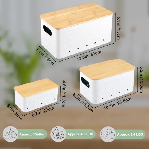 Kitchen Vegetable Storage Set of 3, Metal Onion Garlic Potato Storage Set, Kitchen Canisters Vegetable Keeper Containers with Aerating Holes and Bamboo Lid,Embossed White - Image 4