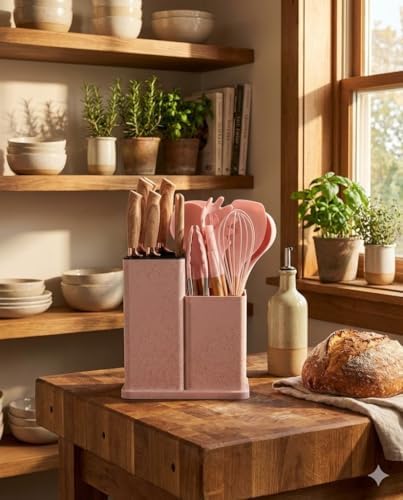 Silicone Kitchen Utensil Set, 19 Piece with Wooden Handles, Cutting Board, Storage Holder, Black Pink Gray Mint Green, Cooking Tools with Organizer (Rose) - Image 4