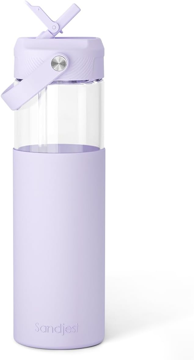 Glass Water Bottle with Silicone Sleeve and Straw Lid 20oz for Girls Women, Glass Drinking Bottles for Travel Home Gym Sports (Amethyst Whisper)