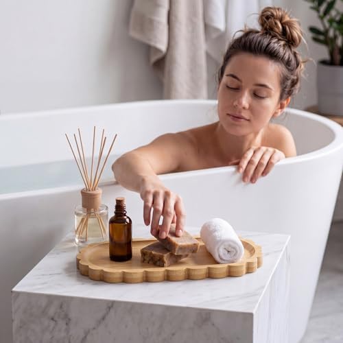 Scalloped Bamboo Soap Dispenser Tray Bathroom Rustic Decor Bamboo Countertop Tray Scalloped Soap Dish Jewelry Holder Vanity Bathtub Organizer for Bathroom Kitchen Home Decor(7'',Oval) - Image 4