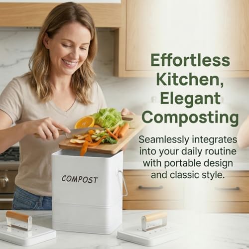 Tlence 1.7 Gallon Kitchen Compost Bin, Countertop Food Waste Pail with Handles, Odorless Composting Bucket with Carbon Filters, Indoor Small Food Scrap Composter for Trash Waste, White - Image 4