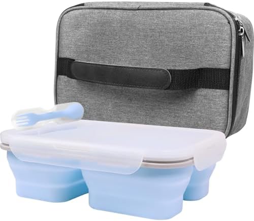Big Collapsible Silicone Bento Lunch Box With Insulated Lunch Bag, 45.6oz Food Containers with 3 Compartment, Bento Bag, Designed for Fresh Lunch On the Go by FUSMYE