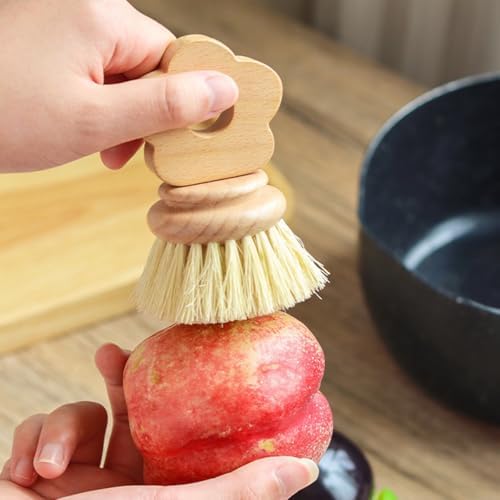 Kitchen Natural Beechwood Dish Brush with Handle Sisal Bristle Fruit Vegetable Scrubber Small Wooden Brush Designed for Cleaning Pot, Pan, Plate, Bowl and Utensil (Flower Shaped) - Image 4