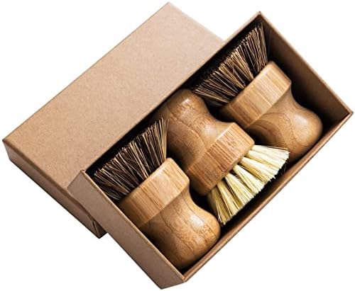 Palm Pot Brush- Bamboo Round 3 Packs Mini Dish Brush Natural Scrub Brush Durable Scrubber Cleaning Kit with Union Fiber and Tampico Fiber for Cleaning Pots, Pans and Vegetables by GREENTHPRO