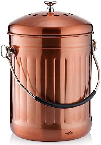 RED FACTOR Premium Compost Bin for Kitchen Countertop - Stainless Steel Food Waste Bucket with Innovative Dual Filter Technology - Includes Spare Filters (Matt Copper, 1.3 Gallon) by REDFACTOR