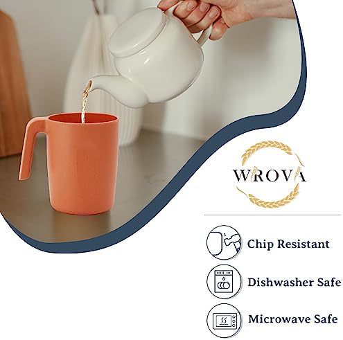 Wrova 16oz Wheat Straw Cups with handles set of 6-Plastic Cups Reusable-Unbreakable Kids Mugs-Dishwasher Safe & Microwave Safe-Ideal Plastic Mugs for Tea,Coffee,Camping,RV-Orange - Image 3