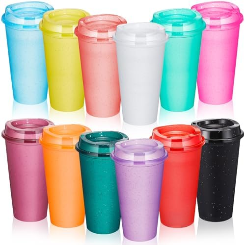 FillTouch 12 Pcs 16 oz Reusable Coffee Cups with Lids, Glitter Rainbow by FillTouch