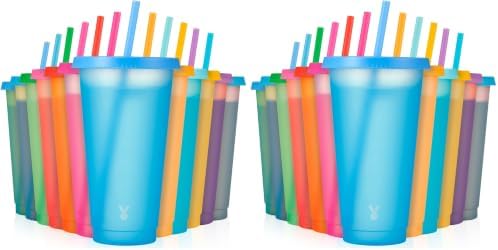 Meoky Plastic Color Changing Cups - 24 Pack 24 oz, Reusable with Lids and Straws for Adults, Kids, Parties, Cute Cold Cups for Iced Coffee by MEOKY