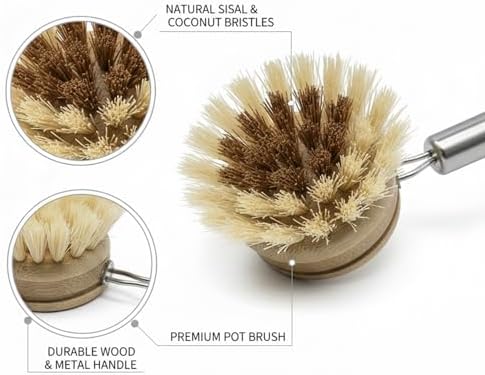 Natural Sisal & Coconut Pot Brush with Wooden Handle - Eco-Friendly Dish Scrubber for Cast Iron, Stainless Steel Cookware (1 Pack) - Image 6