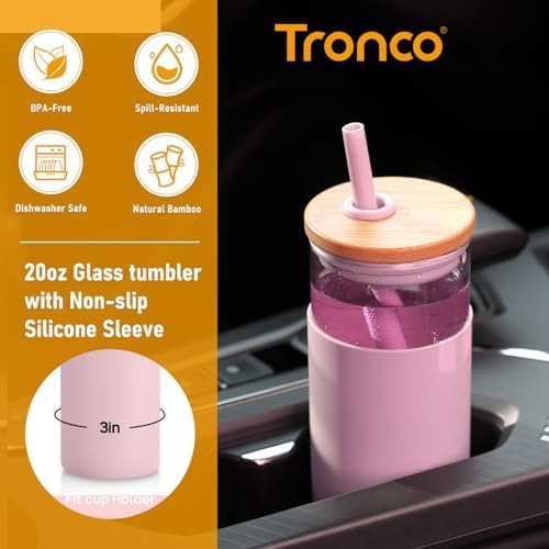 Tronco 20 oz Glass Tumbler with Lids and Straws, Reusable Iced Coffee Cups - Image 2