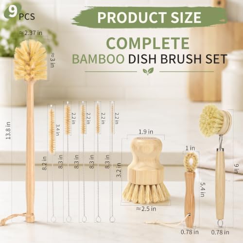 9PCS Bamboo Dish Brush Set with Bottle Brush and Straw Brushes - Image 3