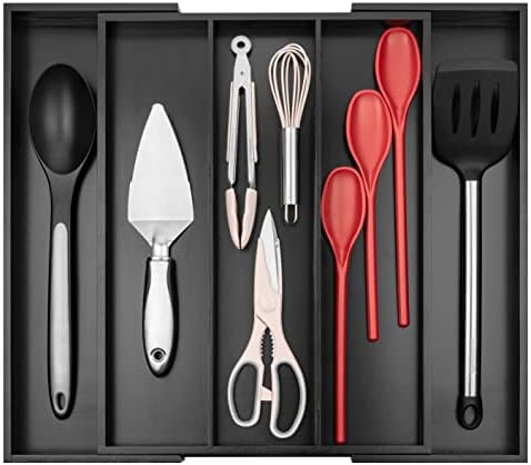 Purawood Kitchen Drawer Organizer - Expandable Utensil Organizer for Kitchen, Cutlery Tray & Silverware Organizer, 3-5 Slots - Bamboo Drawer Organizer for Utensils & Flatware (Black) by PURAWOOD