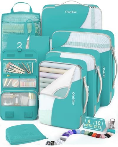 OlarHike Packing Cubes for Travel,Gifts for Women Mom,Anti-Tearing Suitcase Organizer for Luggage with Shoe & Hanging Toiletry Bag,Vacation Essentials & Accessories for Cruise Ship,8 Set,Turquoise by OlarHike