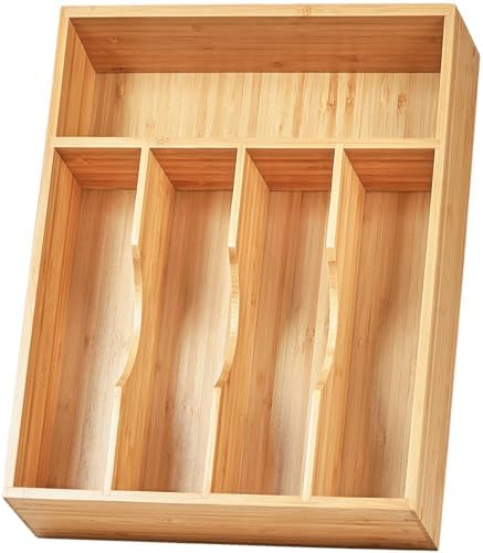 Umilife Kitchen Drawer Organizer, 10 Inch Silverware Utensil Tray Holder, Extra Deep, with Non-Slip Feet & Grooved Drawer Divider, 5 Slots Total Bamboo Wood Caddy for Flatware Cutlery Knives by Umilife