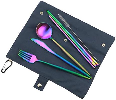 Reusable Travel Utensils, 7 Piece Portable 304 Stainless Steel including Knife Fork Spoon Chopsticks Cleaning Brush Straws Portable Pouch, Eco-friendly Camping Silverware Set, Dishwasher Safe - Image 4
