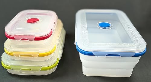 Collapsible Silicone Food Storage Containers - Rectangular Set of 4 with Airtight Snap-Down Plastic Lids - Microwave, Dishwasher, Freezer Safe by Aura+Global