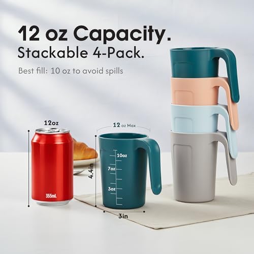 zoeynex Reusable Plastic Cups (12 oz) - Set of 4 | Unbreakable Plastic Coffee Mugs with Handles | Dishwasher and Microwave Safe | BPA Free & Eco-Friendly | Ideal Drinking Cups for Kitchen - Image 3