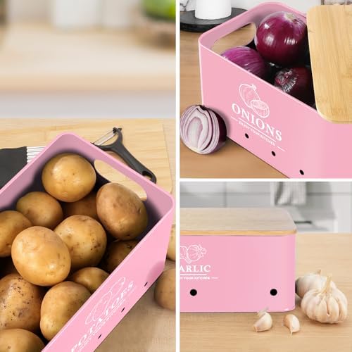 Kitchen Vegetable Storage Set of 3, Metal Onion Garlic Potato Storage Set, Kitchen Canisters Vegetable Keeper Containers with Aerating Holes and Bamboo Lid,Pink - Image 6