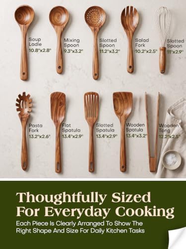 AIUHI 10Pcs Wooden Kitchen Utensils, Teak Wood Utensil Set for Kitchen, Heat-resistant Wooden Spoons for Cooking, Nonstick Wood Spatula Soup Ladle Tong Egg Whisk - Image 6