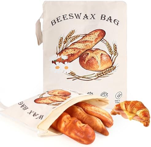 2 Pack Reusable Beeswax Bread Bags for Sourdough, Cotton Bread Bag with Wide Zipper Opening & Handle, XL Bread Bags for Homemade Bread, Keeps Bread Fresh Longer by Unknown