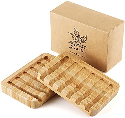 Shampoo Bar Holder Bamboo Soap Dish for Shower Wood Soap Dishes Wooden Soap Saver Tray Stand Self Draining Travel Soap Container Case for Bathroom Kitchen Bath Tub Razor Sponges, Waterfall Drain 2 PCS by wokelai