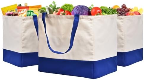 3 Pack Canvas Reusable Grocery Bags Heavy Duty, 8.3 gal Foldable Large Tote Bag with Handles, Holds 60 lbs Canvas Shopping Bags & Washable Eco-friendly Bags with 5 Pockets, Blue+Off White by CNaiyunpin