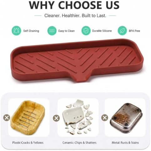 MicoYang Silicone Soap Dish with Drain Spout — Self-Draining Double Sink Organizer Tray for Kitchen & Bathroom, Dispensers, Sponges & Soap Holder, Non-Slip & Dishwasher Safe, Red (Large, 12"×4") - Image 3