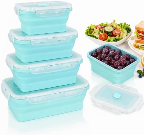 4Pcs Collapsible Food Storage Containers with Lid,Blue Square,4Size by PLMMOUT