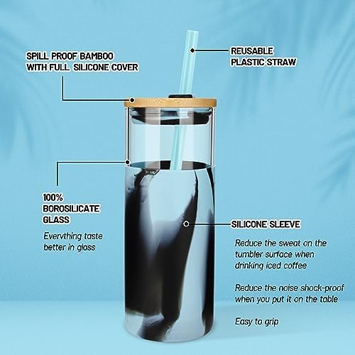 Tronco 20 oz Glass Tumbler with Lids and Straws, Reusable Iced Coffee Cups - Image 4