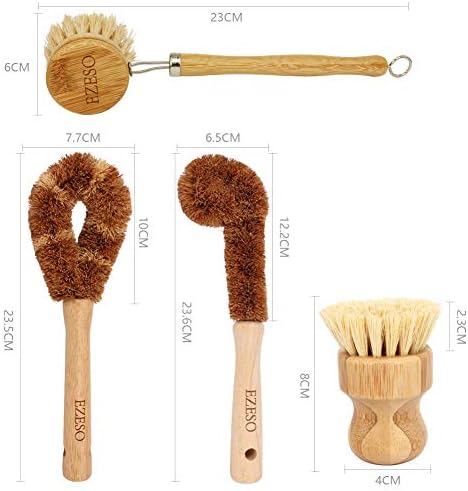 Ezeso Natural Bamboo Dish Scrub Brush Set 4 Piece, Wooden Pot & Bottle Brush - Image 2