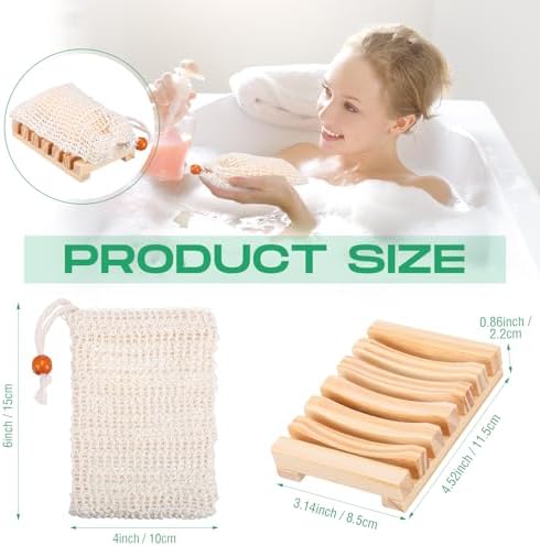 Mumufy 12 Pcs Wood Soap Dish and Exfoliating Bag Set 4.5 x 3.35 x 0.87 inches Self Draining Soap Saver Wood Tray for Bathroom Shower Travel(Wood Color,Wooden) - Image 2